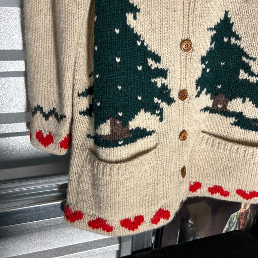 VINTAGE Concepts Susan Bristol Cardigan Womens M Beige Wool Heart Deer Pine Tree - Picture 9 of 14